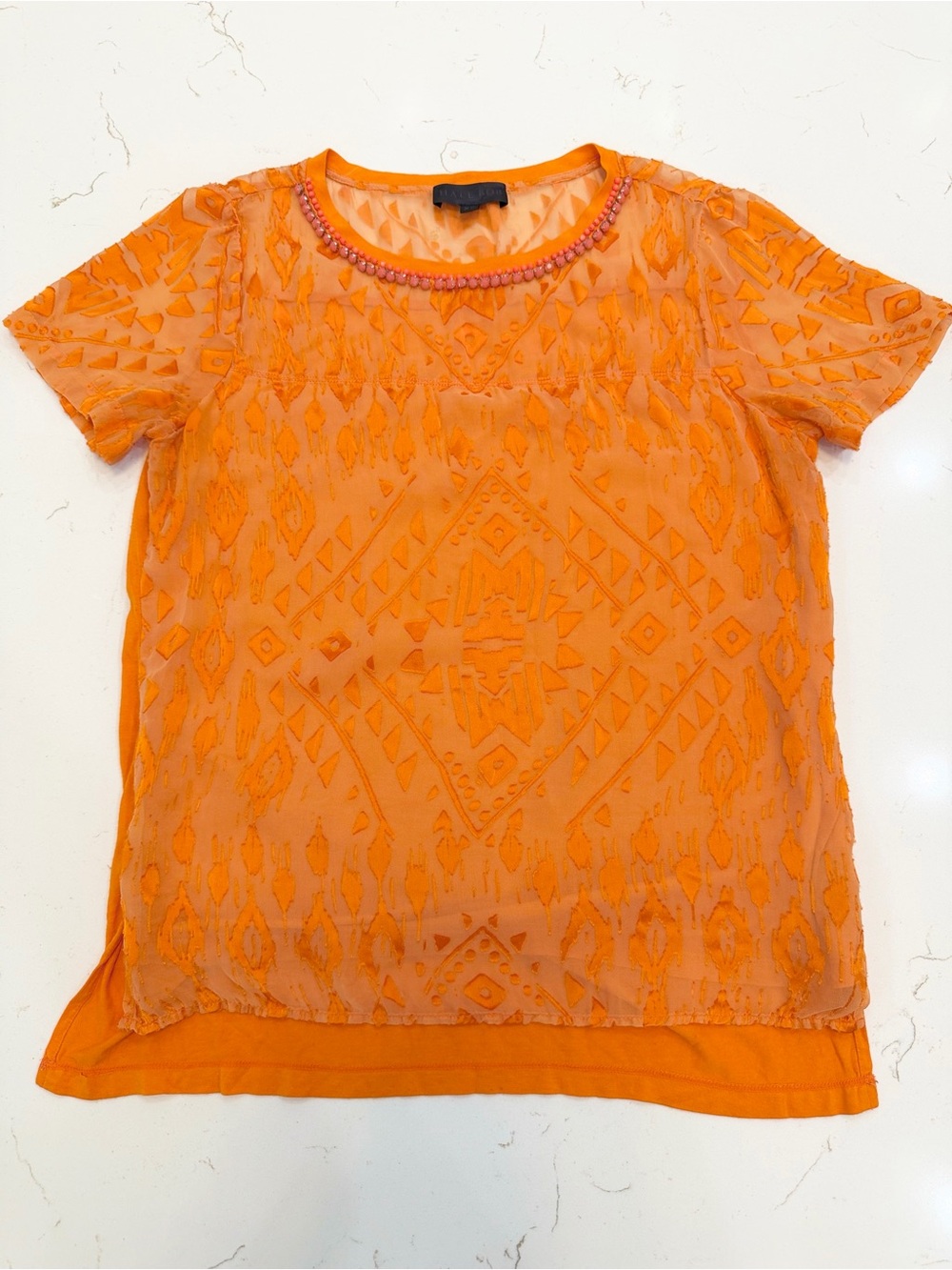 Hale Bob Orange Sheer Burnout Embellished Top XS Boho Y2K